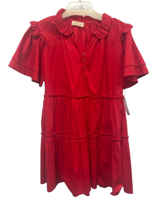 Sofia Size S Red Cotton Button Neck Short Trumpet Sleeve pleats Below knee Dress Red / S