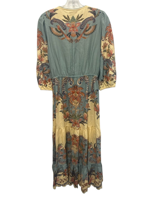 Farm Rio Size S Blue, Yellow, Multi Linen & Viscose 3/4 Sleeve Split Neck Dress Blue, Yellow, Multi / S