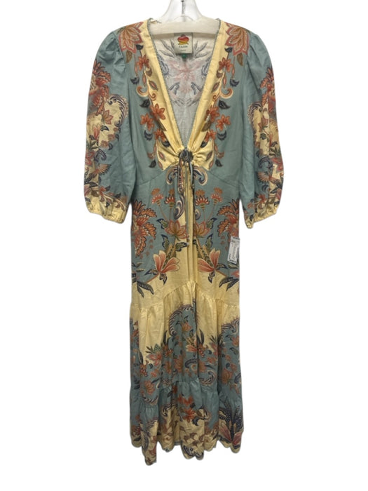 Farm Rio Size S Blue, Yellow, Multi Linen & Viscose 3/4 Sleeve Split Neck Dress Blue, Yellow, Multi / S