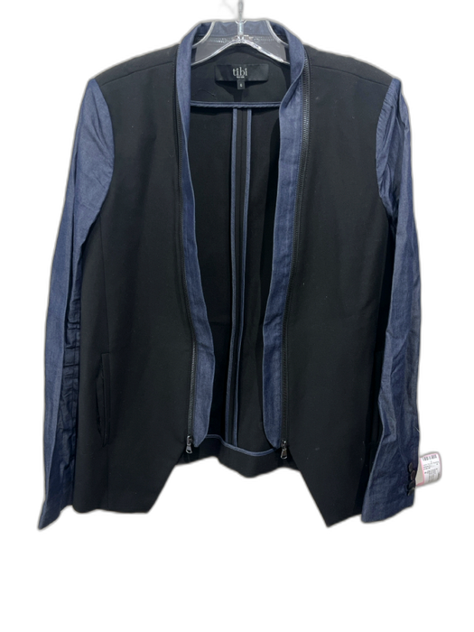 Tibi Size 6 Black & Blue Poly Blend Zip Detail Denim Open Front Blazer Black & Blue / 6