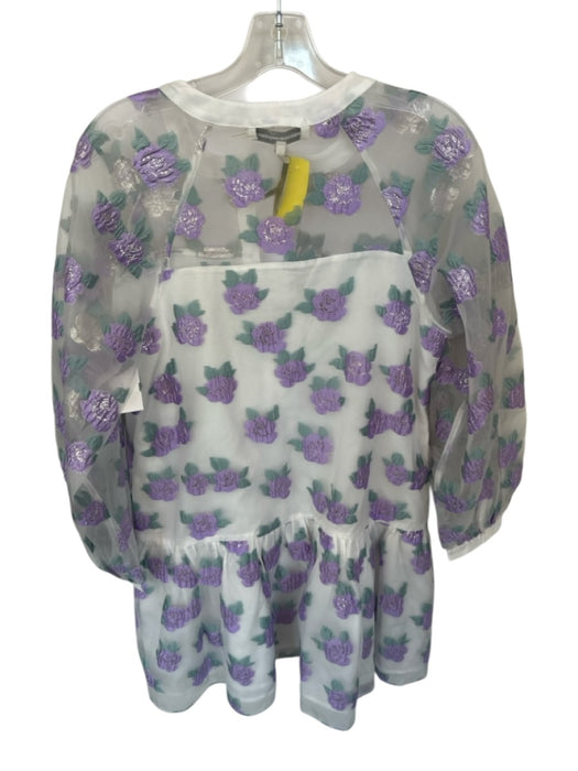 English Factory Size M White & Purple Polyester Puff Sleeves Drop Waist Dress White & Purple / M