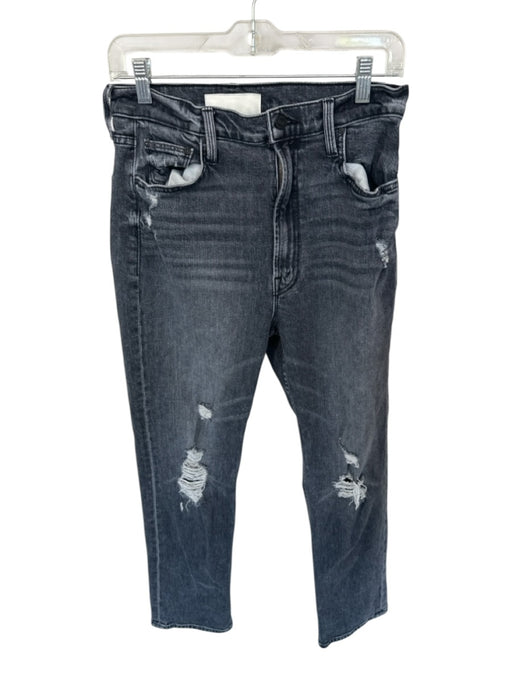 Mother Size 30 Black Cotton Blend Straight Cut Distressed High Waist Jeans Black / 30