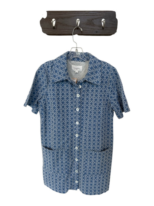 Pomander Place Size M Blue & White Cotton Short Sleeve Embroidered Collar Dress Blue & White / M