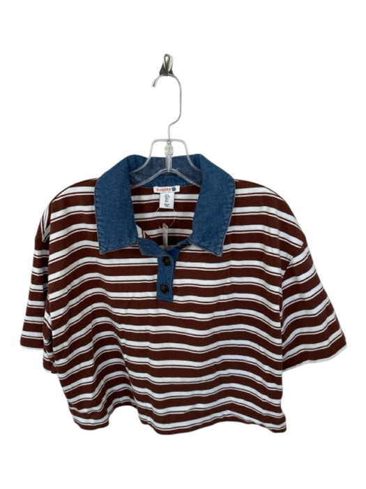 Sundry Size L Brown & Blue Cotton Collar Striped Cropped Top Brown & Blue / L