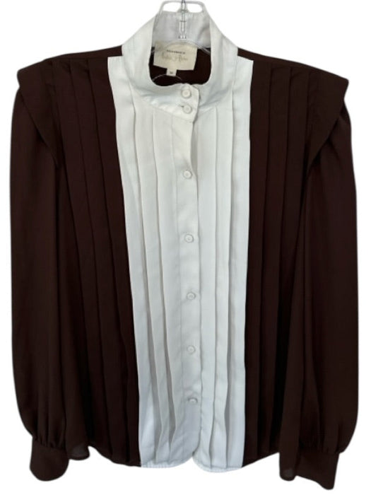 Tuckernuck Size M Brown & Ivory Polyester Long Sleeve Pleated Button Down Top Brown & Ivory / M