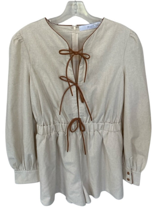 EB Luxe Size L Oatmeal & Brown Cotton Faux Leather Front bow Romper Oatmeal & Brown / L