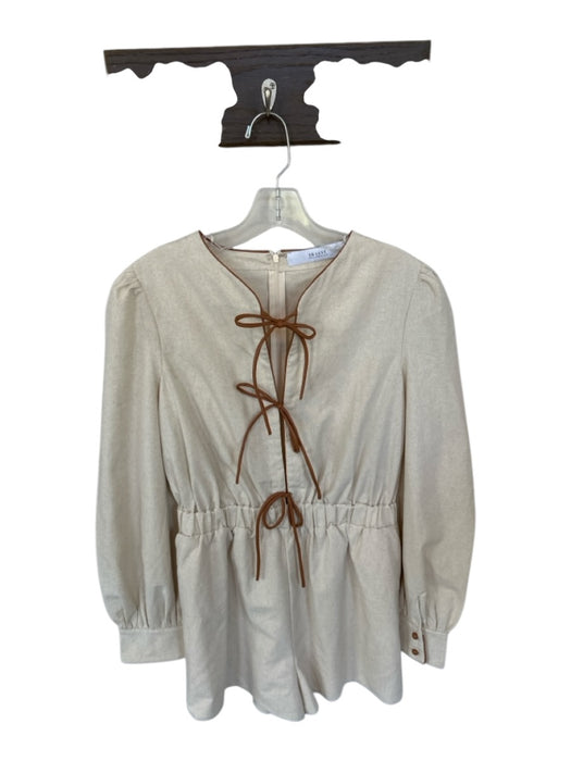 EB Luxe Size L Oatmeal & Brown Cotton Faux Leather Front bow Romper Oatmeal & Brown / L