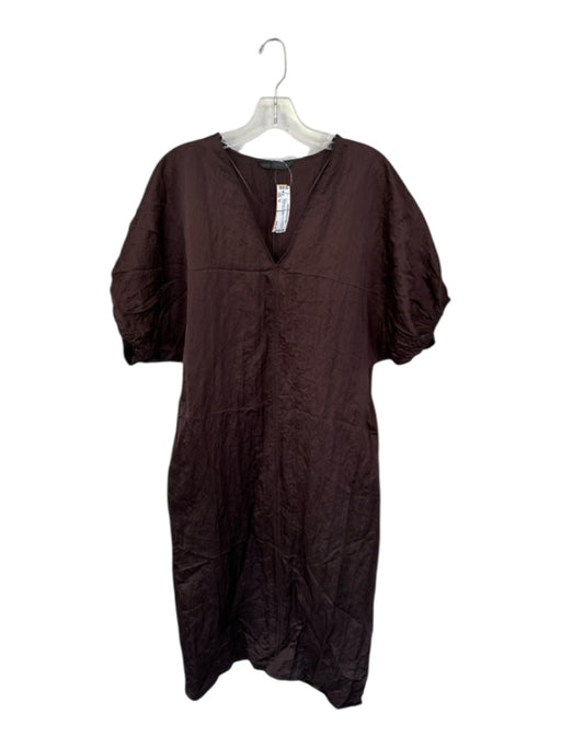 Zara Size M Dark Brown 3/4 Balloon Sleeve Crinkle V Neck Maxi Dress Dark Brown / M
