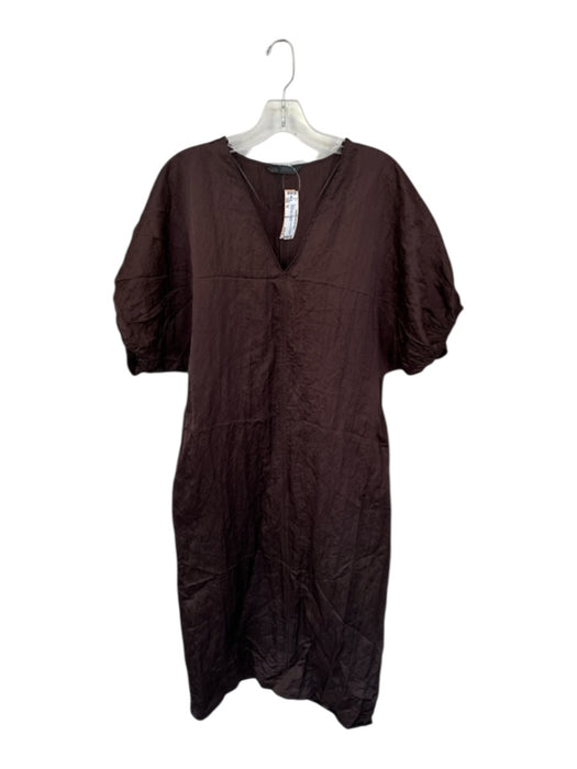 Zara Size M Dark Brown 3/4 Balloon Sleeve Crinkle V Neck Maxi Dress Dark Brown / M