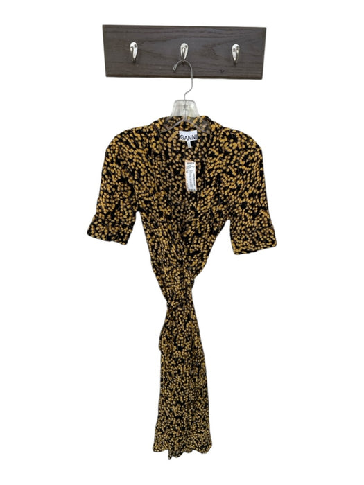 Ganni Size 38 Black & Yellow Viscose Short Sleeve Lilly of the Valley Wrap Dress Black & Yellow / 38