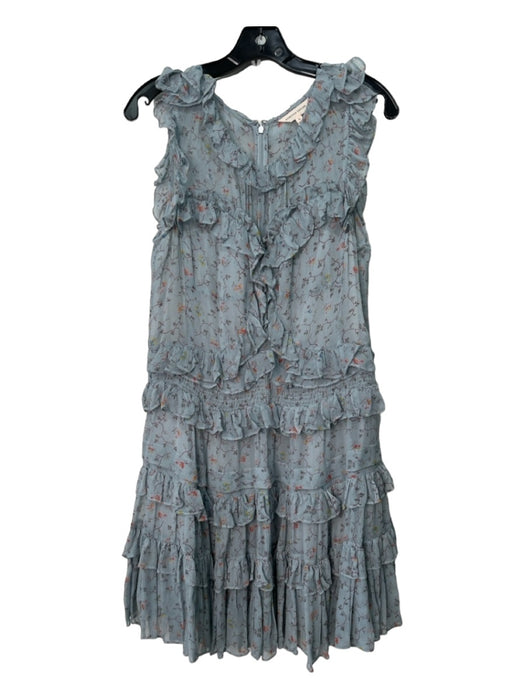 Rebecca Taylor Size 12 Blue & Multi Silk Ruffle Floral Sleeveless Dress Blue & Multi / 12