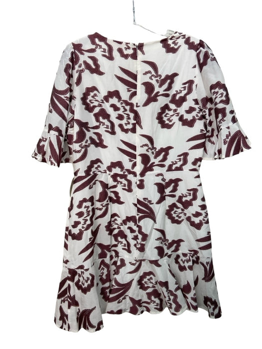 Rebecca Taylor Size 12 White & Burgundy Cotton Blend Half Sleeve V Neck Dress White & Burgundy / 12