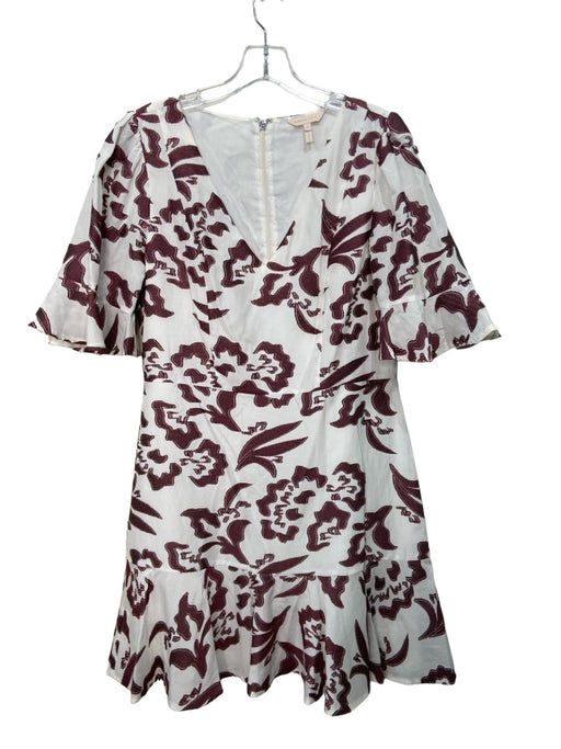 Rebecca Taylor Size 12 White & Burgundy Cotton Blend Half Sleeve V Neck Dress White & Burgundy / 12