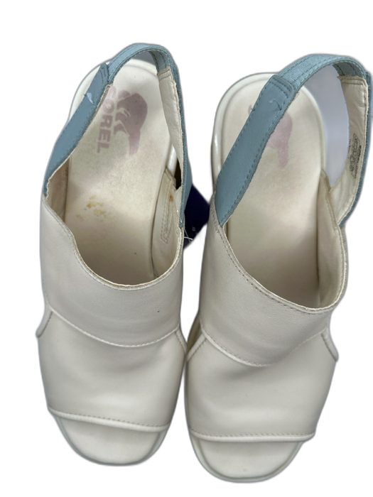 Sorel Shoe Size 8.5 Ivory & blue Leather Faux Wood Platform Sandals Ivory & blue / 8.5