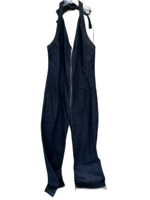 Zara Size L Dark Wash Cotton Halter Neck Front Zip Denim Wide Leg Jumper Dark Wash / L