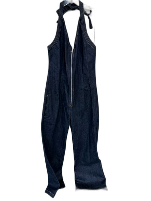 Zara Size L Dark Wash Cotton Halter Neck Front Zip Denim Wide Leg Jumper Dark Wash / L