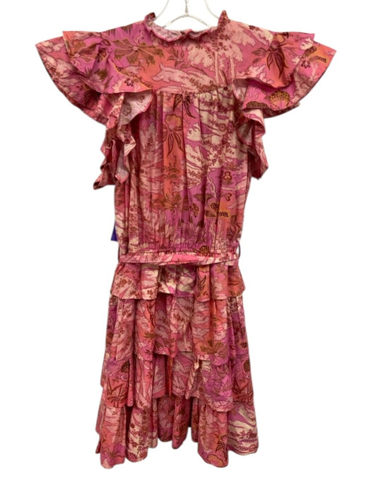 Ulla Johnson Size 10 Pink & Brown Cotton Abstract Floral Ruffle Cap Sleeve Dress Pink & Brown / 10