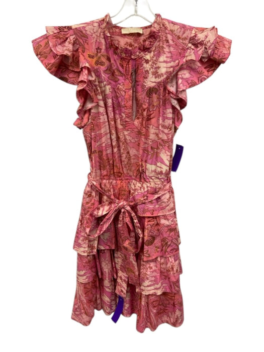 Ulla Johnson Size 10 Pink & Brown Cotton Abstract Floral Ruffle Cap Sleeve Dress Pink & Brown / 10