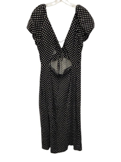 Zara Size L Black & White Linen Blend Polka Dots Puff Cap Sleeve V Neck Dress Black & White / L