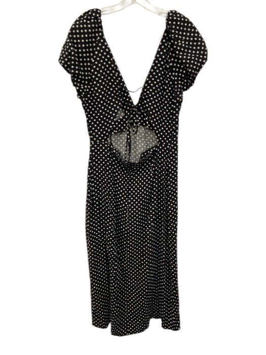 Zara Size L Black & White Linen Blend Polka Dots Puff Cap Sleeve V Neck Dress Black & White / L