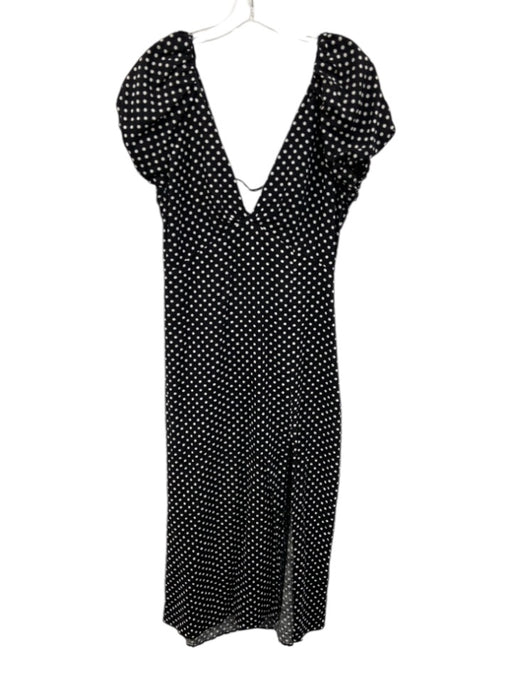 Zara Size L Black & White Linen Blend Polka Dots Puff Cap Sleeve V Neck Dress Black & White / L