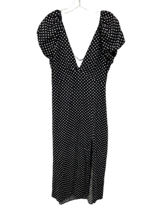 Zara Size L Black & White Linen Blend Polka Dots Puff Cap Sleeve V Neck Dress Black & White / L