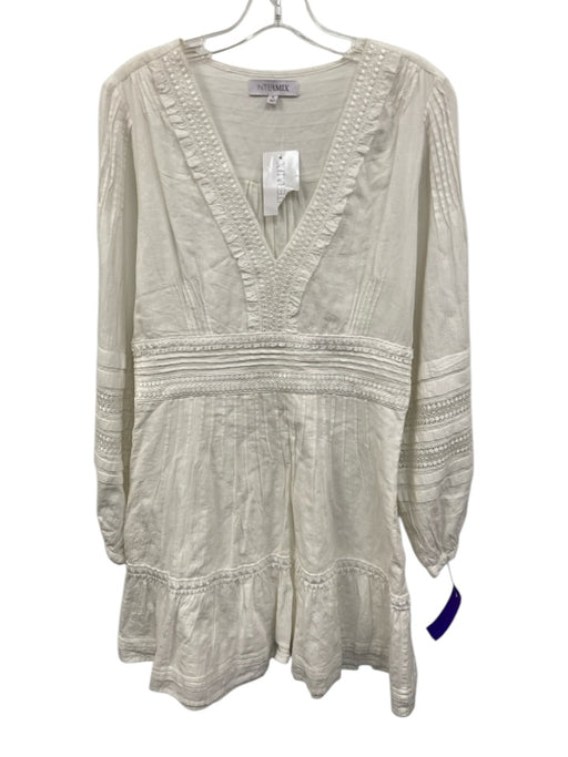 Intermix Size 8 White Cotton Long Balloon Sleeve Lace Detail V Neck Dress White / 8