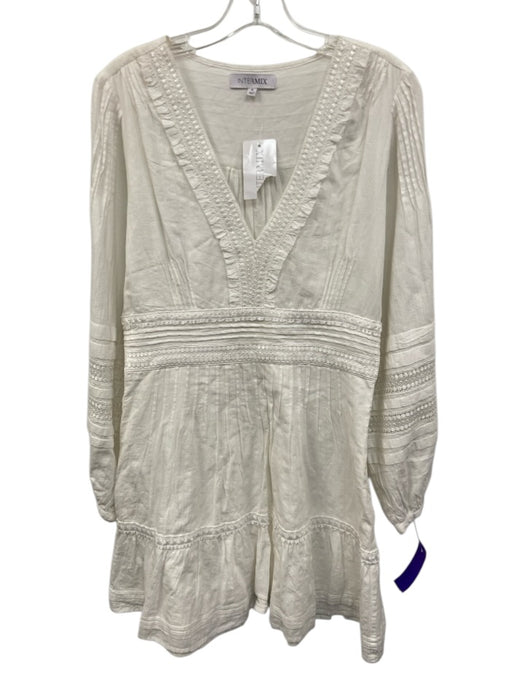 Intermix Size 8 White Cotton Long Balloon Sleeve Lace Detail V Neck Dress White / 8