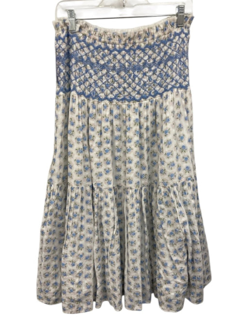Loveshackfancy Size L White & Blue Cotton Floral Shirred Waist Midi Skirt White & Blue / L