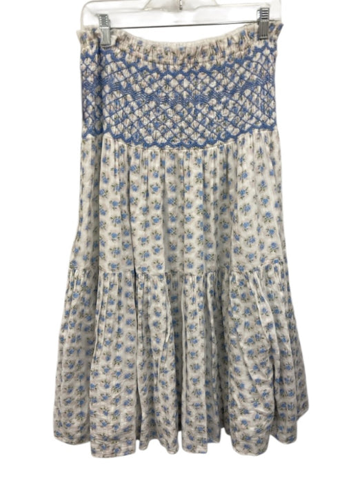 Loveshackfancy Size L White & Blue Cotton Floral Shirred Waist Midi Skirt White & Blue / L