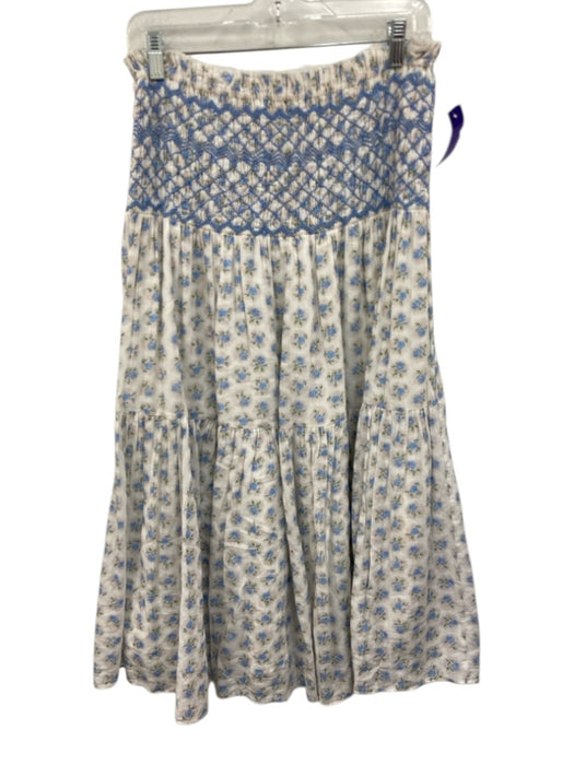 Loveshackfancy Size L White & Blue Cotton Floral Shirred Waist Midi Skirt White & Blue / L