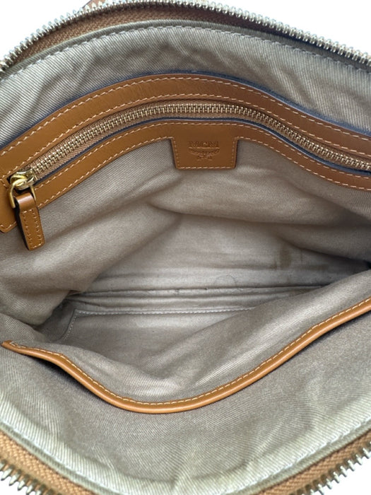 MCM Brown & Black Leather Pebbled Monogram Zip closure Crossbody Bag Brown & Black