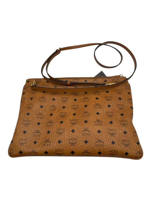 MCM Brown & Black Leather Pebbled Monogram Zip closure Crossbody Bag Brown & Black