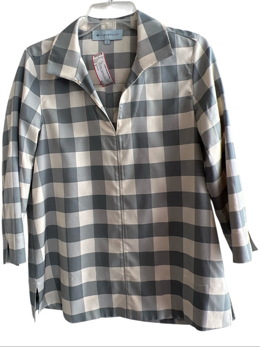 Tuckernuck Size S Ivory & Gray Polyester Collar V Neck Long Sleeve plaid Top Ivory & Gray / S