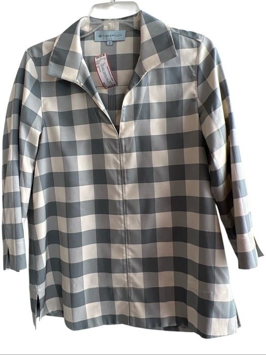 Tuckernuck Size S Ivory & Gray Polyester Collar V Neck Long Sleeve plaid Top Ivory & Gray / S