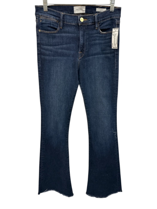 Frame Size 29 Dark Wash Cotton Denim High Rise Whiskering Raw Hem Flare Jeans Dark Wash / 29