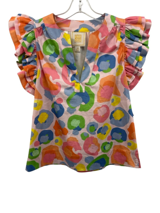 Emily McCarthy Size XS Pink, Blue, Green Cotton Blend Ruffle Cap Sleeve Top Pink, Blue, Green / XS