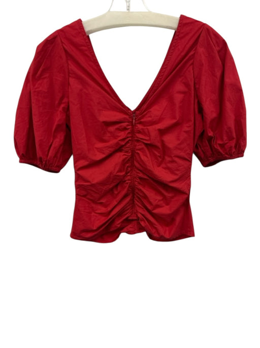Love The Label Size XS Red Cotton Half Puff Sleeve Ruched Ruffle V Neck Top Red / XS