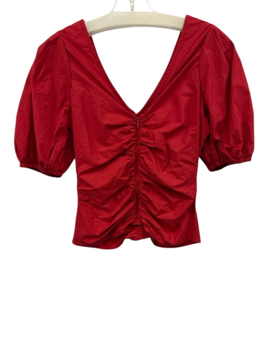 Love The Label Size XS Red Cotton Half Puff Sleeve Ruched Ruffle V Neck Top Red / XS
