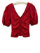 Love The Label Size XS Red Cotton Half Puff Sleeve Ruched Ruffle V Neck Top Red / XS
