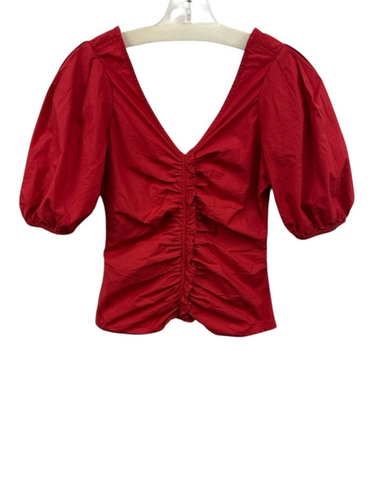 Love The Label Size XS Red Cotton Half Puff Sleeve Ruched Ruffle V Neck Top Red / XS