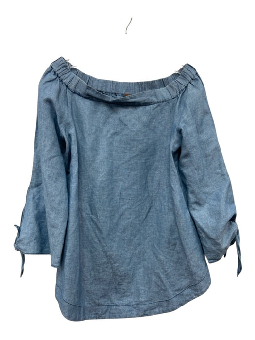 Free People Size XS Light Wash COTTON & LINEN 3/4 Sleeve Off Shoulder Top Light Wash / XS