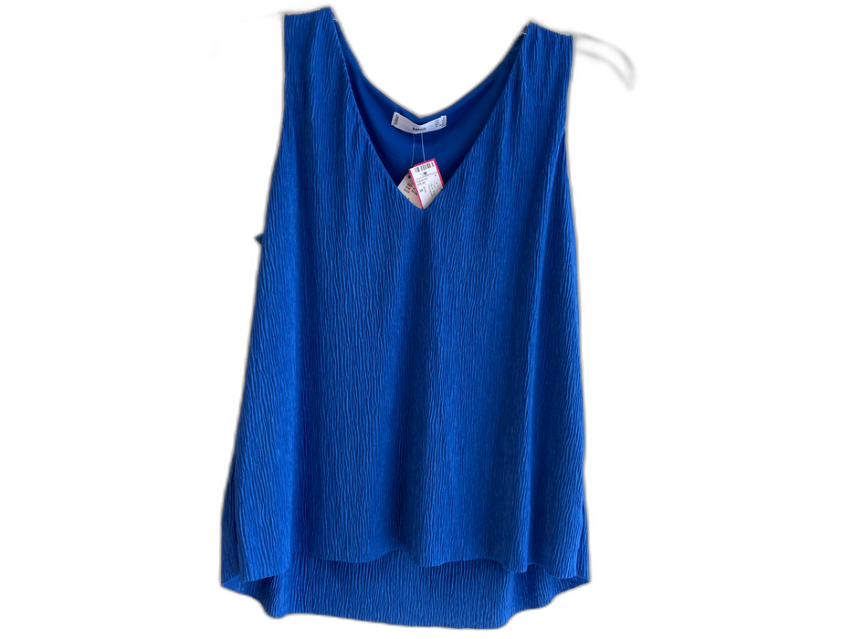 MNG Size S Blue Polyester V Neck Sleeveless Micropleat Crinkle Top Blue / S
