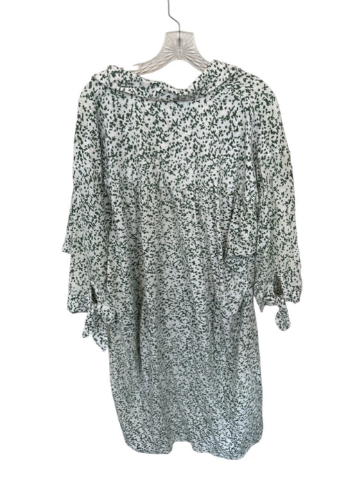 Mirth Size L White & Green Cotton Long Sleeve Abstract Button Down Midi Dress White & Green / L