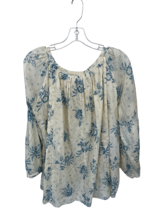 Talisman Size M/L Cream & Blue Cotton Long Balloon Sleeve Botanical Buttons Top Cream & Blue / M/L