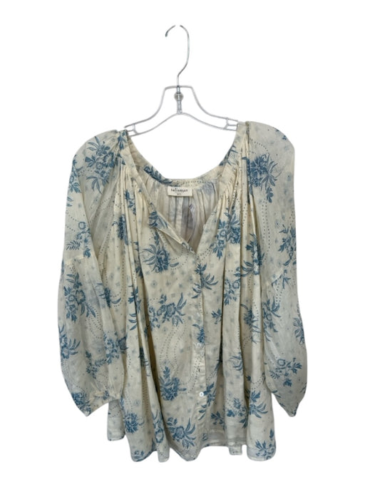 Talisman Size M/L Cream & Blue Cotton Long Balloon Sleeve Botanical Buttons Top Cream & Blue / M/L
