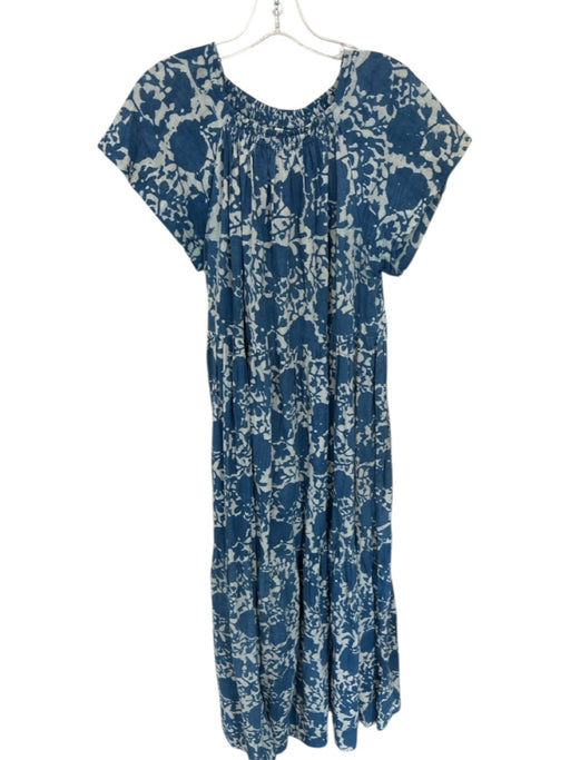 Mirth Size M Navy & Cream Cotton Cap Sleeve Floral elastic neckline Maxi Dress Navy & Cream / M