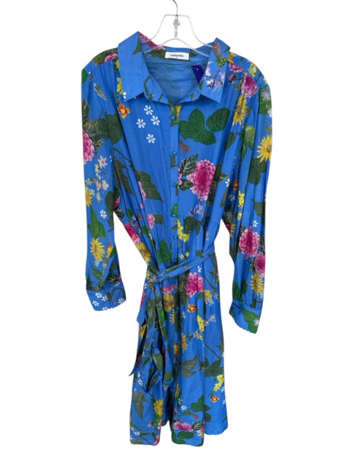 Alessandra Size XL Blue & Multi Cotton Long Sleeve Botanical Button Down Dress Blue & Multi / XL