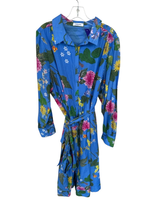 Alessandra Size XL Blue & Multi Cotton Long Sleeve Botanical Button Down Dress Blue & Multi / XL