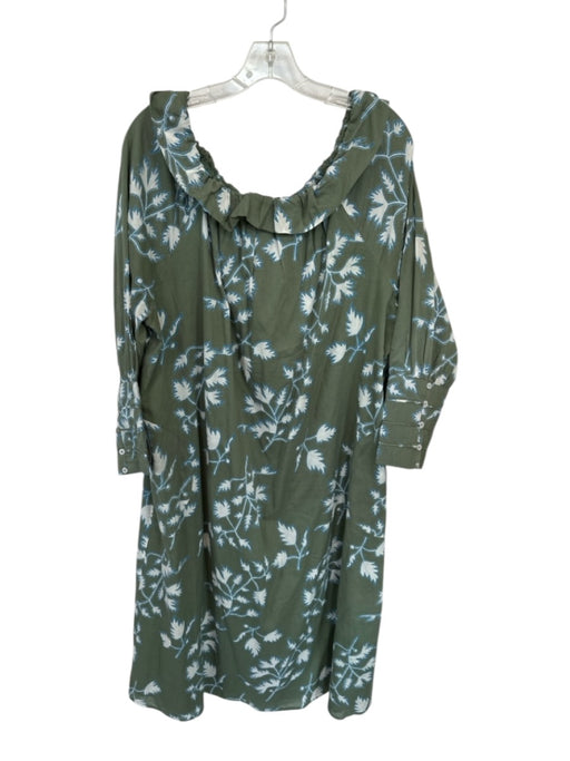 Mirth Size L Green & Blue Cotton Off Shoulder Long Sleeve Flowers Maxi Dress Green & Blue / L